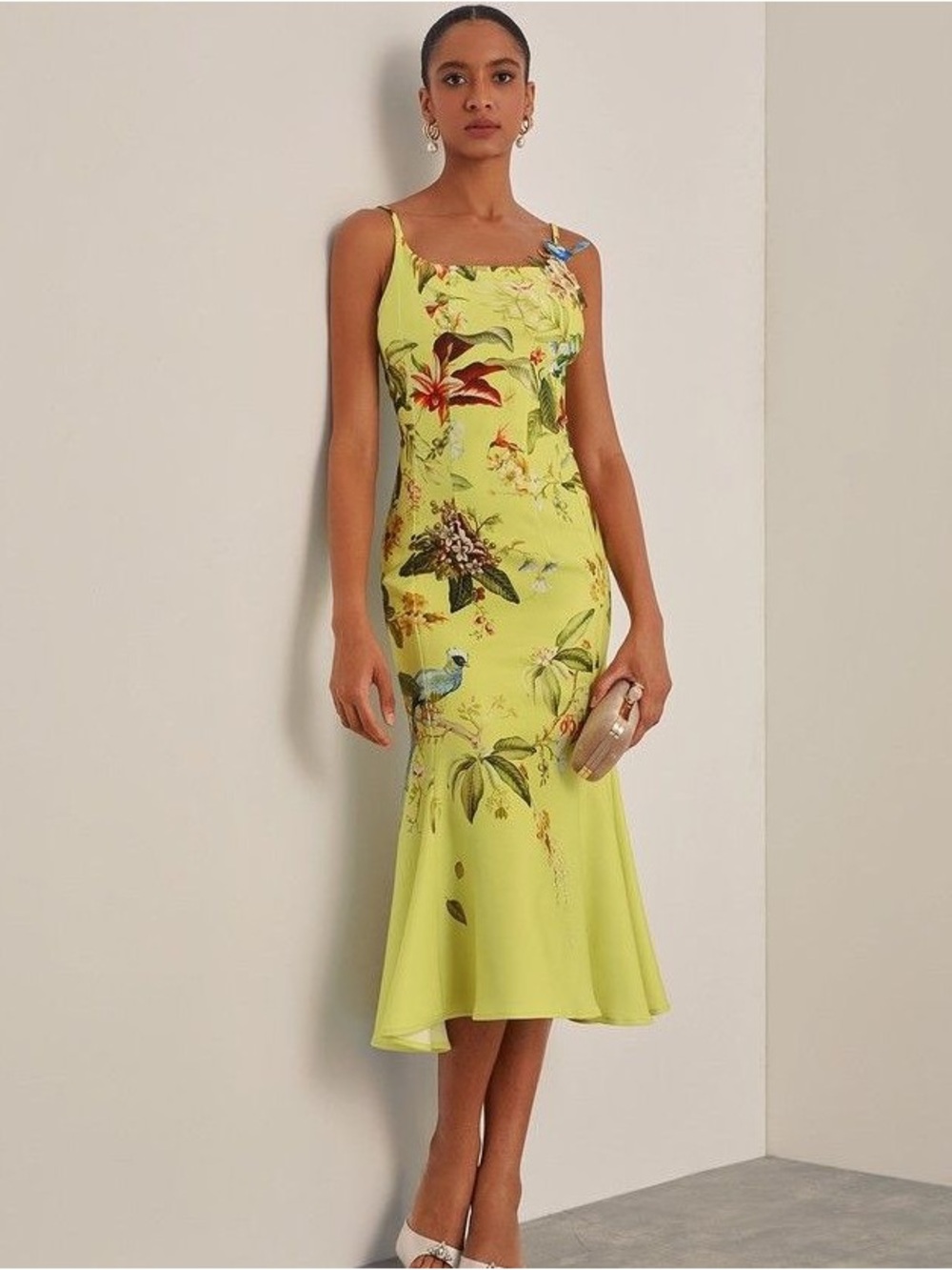 Fehaute Yellow Floral Applique Spaghetti Mermaid Midi Dress